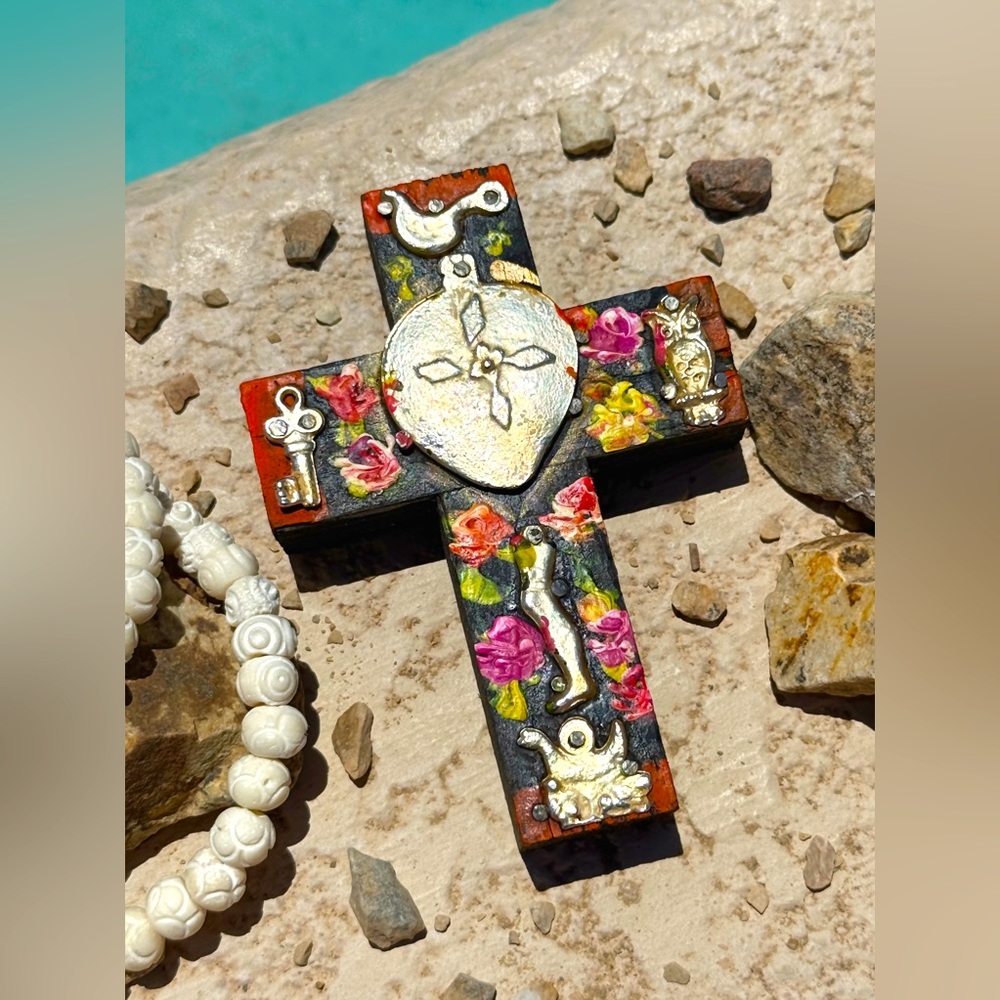 Milagros Silver Metal Charm Spanish Folk Art Painted Wood Cross-Charcoal